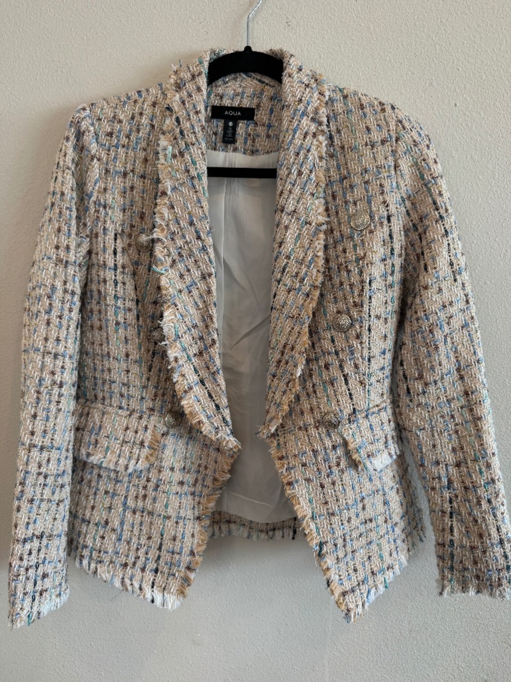 Aqua XS Beige Blue Tweed Double-Breasted Blazer